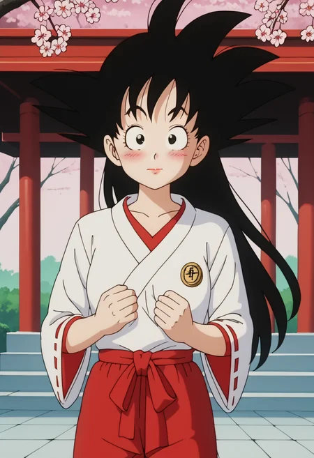score_9, score_8_up, score_7_up , , source_anime, intricate details, masterpiece, high quality, prefect hands, best quality,upper body , 1girl, solo,  anime screencap,
, GGoku , black hair, black eyes, big eyeballs , spiked hair , long hair  ,    eyelash , lips  , cute , blush , medium breast,    <lora:GGoku-000003:0.7>,
  <lora:miko_Pony_V1.0:0.6> jyojifuku, miko,red hakama , temple , cherry blossoms,