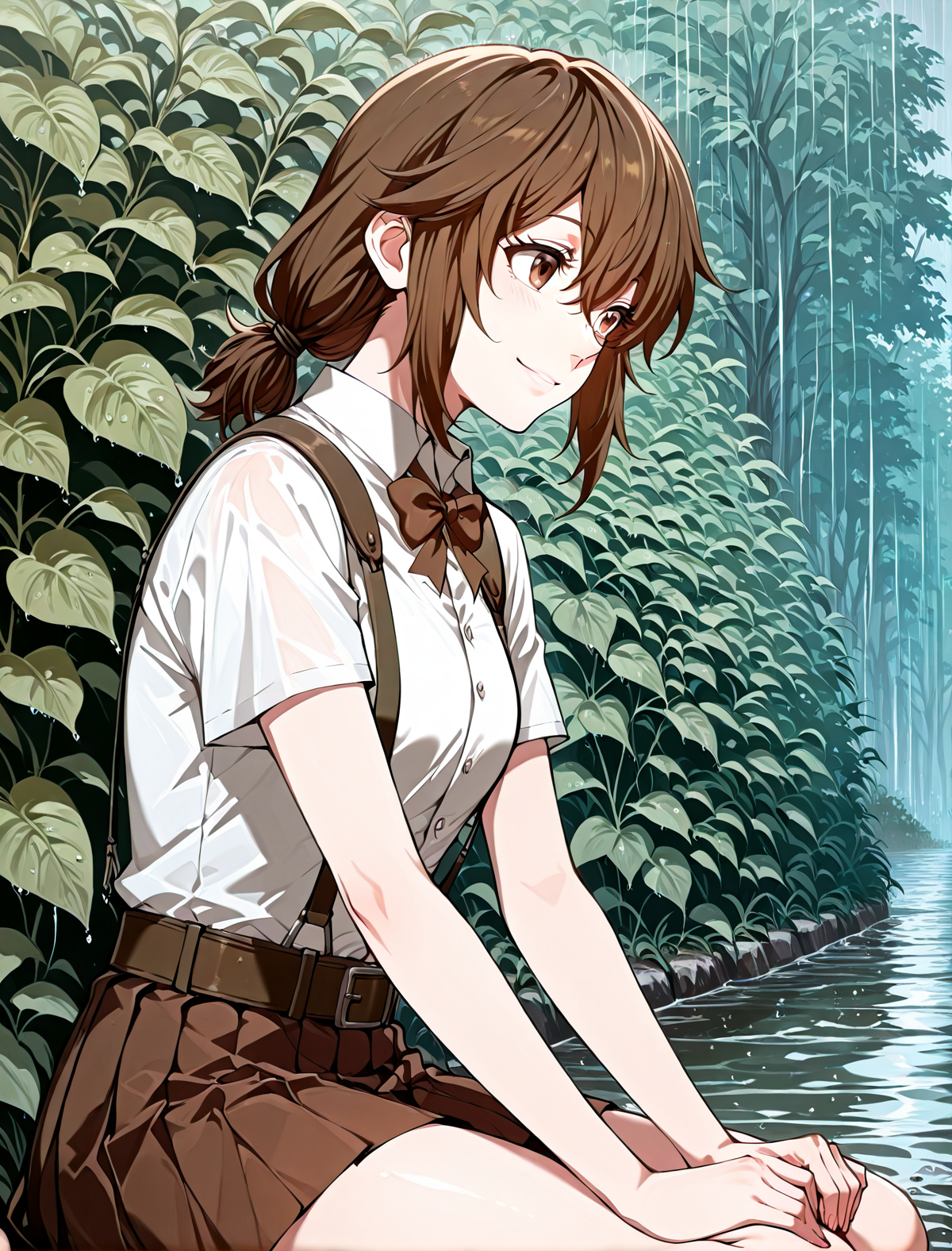 <lora:Eleanor_Leywin__The_Beginning_After_the_End__Illustrious:1>
1 girl, solo, brown hair, brown eyes, bangs, small breasts
low ponytail, twintails, hair between eyes, sidelocks, white shirt, collared shirt, shirt tucked in, suspenders, short sleeves, brown pleated skirt, miniskirt, hair tie, belt, brown bow
score_9, score_8_up, score_7_up, very aesthetic, source_anime, detailed, high quality, beautiful, detailed eyes, masterpiece, best quality, absurdres, perfect anatomy, 1girl, solo, wariza, sitting, hands on own knees, garden background, charming smile, rain, <lora:iLLMythG0thicL1nes:1>