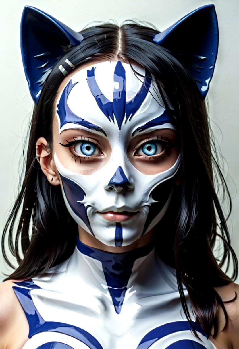 selective color. A close-up image of a breathtaking young woman wearing a half-broken cat cosplay. Nagatoro_Hayase, The cosplay, adorned with swirling blue accents, is crafted in white porcelain with a chipped edge and cat-like ears. It covers one side of her face, revealing her other strikingly beautiful features. The visible eye is deep and expressive. The image begins in a Charcoal sketch style, transitioning into soft, muted colors as the scene becomes more realistic. Dramatic lighting casts shadows across her face and mask, with an abstract white background that emphasizes the contrast between the mask and her features