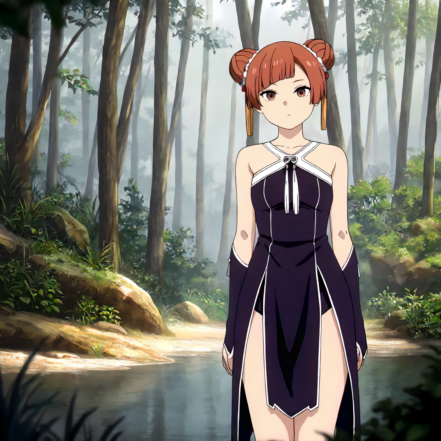 <lora:FBJE_LaufenXLIllustrious008>,
masterpiece,best quality,good quality,newest,
detailed background,nature,
looking at viewer,
solo,
Laufen,1girl,brown hair,short hair,double bun,brown eyes,yellow hairornament,
black dress,bare shoulders,
gloves,
pelvic curtain,
standing,