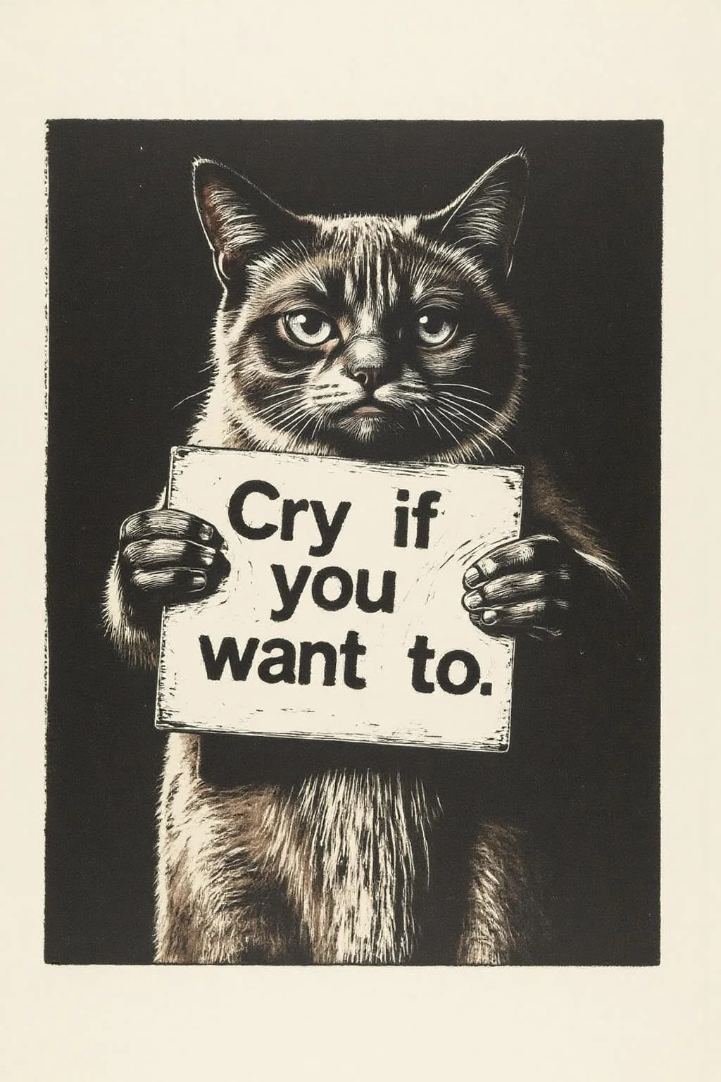 kako1 black and white woodcut print. Grumpy Cat holding a sign that says "Cry if you want to". <lora:kako3_woodcut_cap_d6a3e11:1.0><lora:817643086315402601:0>