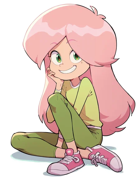score_9, score_8_up, score_7_up, score_6_up, score_5_up, score_4_up, 1girl, <lora:Ondine_Les_filles_de_dad:0.95> ondine, pink hair, green shirt, green pants, sneakers, green eyes, smile, looking at viewer, sitting, solo, white background,