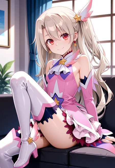 <lora:prisma_illya_zwei_form.v2:1>,illyasviel von einzbern,prisma illya,magical girl,hair ornament,red eyes,detached sleeves,star \(symbol\),earrings,jewelry,dress,one side up,skirt,pink sleeves,layered skirt,thighhighs,thigh boots,
breasts,looking_at_viewer,smile,closed_mouth,sitting,thighs,legs,knee_up,high_heels,indoors,window,
masterpiece,best quality,amazing quality,