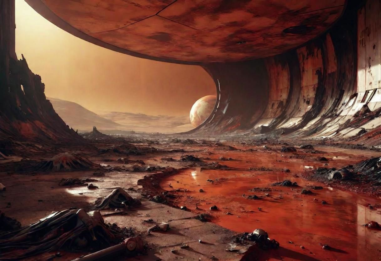 EdobHorrorLandscape,
A landscape of a deserted mars base,
hopeless, nightmare, 
trash, corpses, blood,