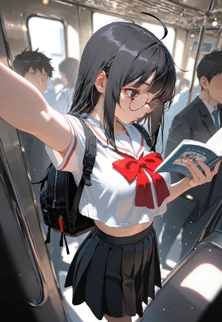(reading book:1.5))

1 girl,medium breast,long hair,(curtain bangs:1.3),(black hair:1.3), (black eyes:1.1),asian_japanese,ahoge,(light freckles:1.2),red rimmed round glasses

(White crop top sailor school uniform,black skirt,side japanese backpack:1.5),((inside train, crowded train,faceless crowd:1.5)

sparkling effects,(Bokeh around character:1.3),(character focus:1.2),((dynamic pose:1.4)),((foreshortening:1.5)),((extreme perspective:1.4)),((dynamic angle:1.3)),((negative space:1.3))

Cunnystyle,Smooth_Quality,amazing quality, ((aesthetic:1.3)),(no line art:1.3),((4k,8k,Ultra HD)),((Masterpiece :1.2)),((Best quality :1.2)),((Detailed :1.5)),((Detailed background :1.5))