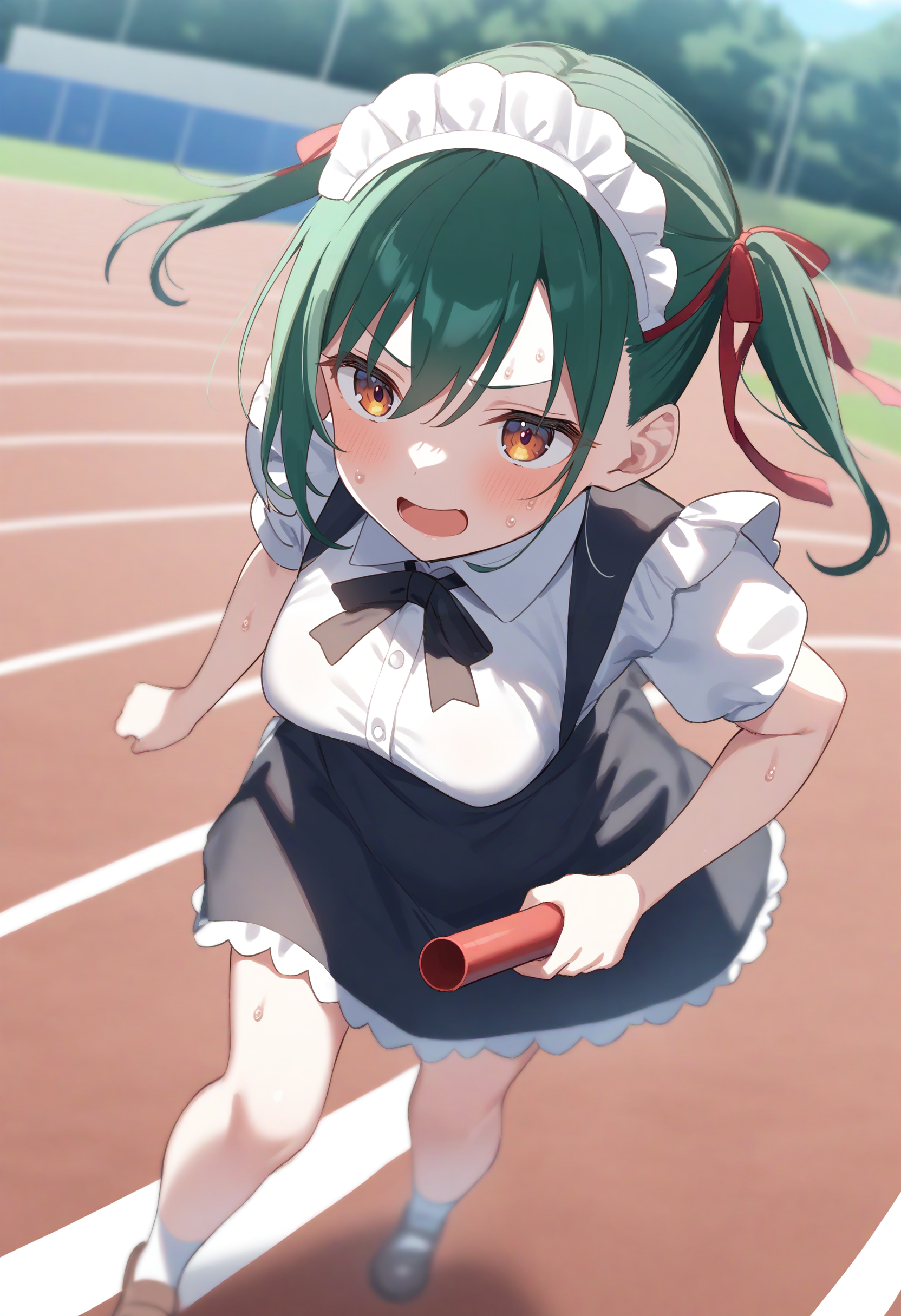 1girl,sincos, ningen mame, toosaka asagi,solo,medium breasts,20yo,maid,maid headdress,
relay baton, holding,day, outdoors, sports festival, red headband,running, sweat, <lora:relaybaton_XL_v1:0.8>
from below, full body, looking up, green hair, brown eyes,sad smile,  open mouth, split ponytail hair,,
best quality, very aesthetic, absurdres
