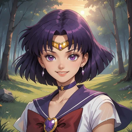 score_9, score_8, BREAK, solo, Sailor_Saturn_(Sailor_Moon), 1girl, bob cut, tiara, earrings, sailor senshi uniform, purple eyes, purple choker, purple sailor collar, red bowtie, white shirt, elbow gloves, white gloves, pleated skirt, purple miniskirt, purple boots, self portrait, smile, looking at viewer, outdoors, sunlight, shadows, evening lighting, natural lighting, forest, trees, grass, orange sky, sunset