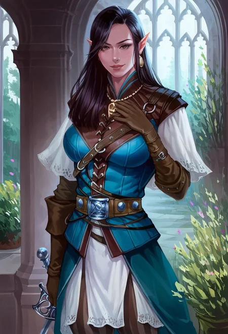 CamelliaPathfinder,1girl,solo,long hair,black hair,pointy ears,gloves,large breast,half-elf,brown eyes,boots,jewelry,belt,weapon,necklace,pants,lips,brown footwear,leather gloves,thighhighs,capelet,cuffs,pelvic curtain,dark-blue dress,striped pants,
,seductive pose,sexual pose,ruins,
score_9, score_8_up, score_7_up, beautiful aesthetic, very intricate, high quality details,vibrant, highly detailed, award-winning, professional,anime artwork, anime style, studio anime, athletic, toned female,muscular milf,curvy body, athletic girl,fit girl, round breasts, ,looking at viewer, pinup pose,teasing, dynamic lighting, cinematic, smug, better than you, aura of temptation, highly detailed, high resolution, masterpiece, detailed clother, detailed background, highly detailed, ((sound effects)) comic layout,