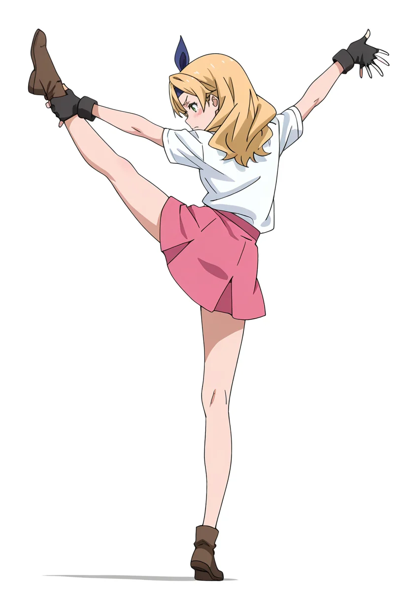 Smooth Quality,masterpiece,very intricate, high quality details, ultra realistic, high detailed skin,detailed enviorement,absurdres,
simple background, white background,solo, 
stretching pose, arms raised above head, one foot on tiptoe, slight back arch, elegant silhouette,  ,spread fingers,embarrassed,frown, <lora:Eren_cnn:0.8> erencnn, 1girl,long hair, blonde hair, green eyes, headband, blush stickers,pink skirt, fingerless gloves,bow,