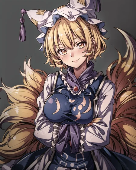 <lora:ran:1>,1girl, yakumo ran, hat, solo, blonde hair, fox tail, tail, breasts, grey background, no headwear, tabard, short hair, blush, upper body, yellow eyes, multiple tails, large breasts, looking at viewer, simple background, long sleeves, white dress, hands in opposite sleeves, dress, hair between eyes, wide sleeves, bangs, frills, smile, frilled shirt collar, closed mouth, frilled sleeves, head tilt, kitsune, own hands together, arms under breasts, standing, breast hold, shiny, (kbxll:0.6), masterpiece, best quality, <lora:add_detail:1>, <lyco:FE14 Style:0.6>