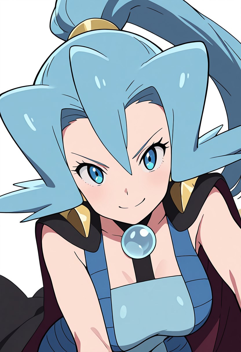 masterpiece, best quality, solo, curvy, beautiful eyes, girl, solo, smile, looking at viewer, dynamic pose, from below, (fisheye), foreshortening, close up,  (leaning forward, eye focus, anime screenshot, 
(upper body), white background,
zzClair, solo, 1girl,  long hair, blue hair, blue eyes, ponytail, blue bodysuit, black cape, blue gloves,