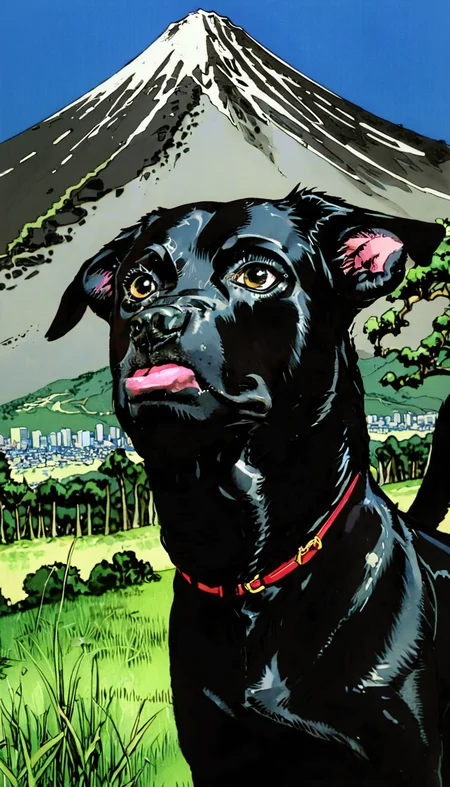 best quality, black dog with serious face expression , close view, by araki hirohiko , mountain in background,  <lora:araki_hirohiko-000009:0.8>