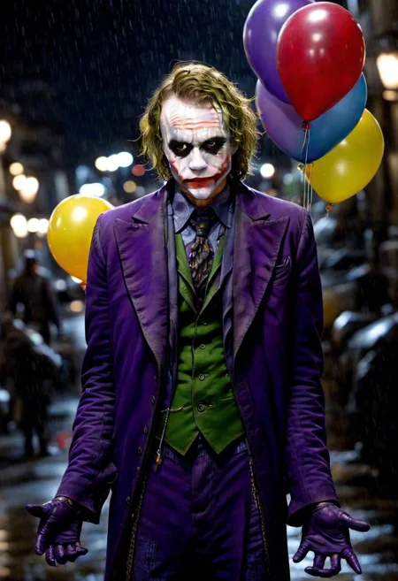 <lora:PE_Joker_DarkKnight:0.8> PEJoker, joker,
holding a bunch of balloons, heary rain, street, at night,
masterpiece, high resolution, octance 4k, high detail,
professional photo, cinematic,