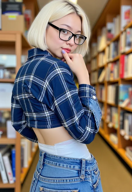 Young asian woman wearing white a medical her clothes. Her entire body in frame. She is wearing blue jeans over a bulky adult diaper, see the diaper peeking above the waistband and the bulk of it under the jeans. She has a blue plaid shirt with a section of midriff exposed. She has sexy thin hourglass figure with thin waist and wide hips. She has white bob hair. She look to camera. She shy with blush face and trying hide her face behind right hand. She have square reading glasses on face. She is standing in a book store with lots of natural light. Shallow depth of field, f1.4, DUC <lora:hourglassv2_flux:1> <lora:DUC:1>
