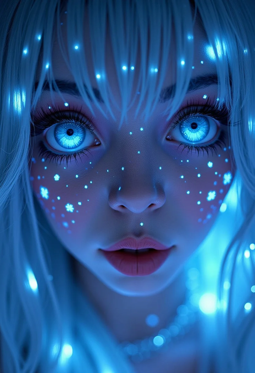 Create a close-up image of a fantasy maidens face. Her skin glows with a soft,ethereal light and is adorned with neon tattoos that cover her face in intricate patterns. The tattoos emit a magical glow that illuminates her delicate features. Her eyes are large and bright,subtly changing between shades of blue and white,as if holding an ocean within them. Her long,silver hair frames her face,adding a splash of magic to the scene. The background features a starry sky that enhances the dreamy atmosphere,fantasy art,<lora:ImageUpgraderV2:1>,