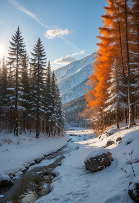 film photography, realistic, ultra detailed, score_9, score_8_up, score_7_up, Forest, scenery, outdoors, tree, sky, (clouds:0.3), nature, forest, creek, moss-covered rocks, sunlight streaming through leaves, orange sky, evening, winter, snow, snowy, s1_dram
