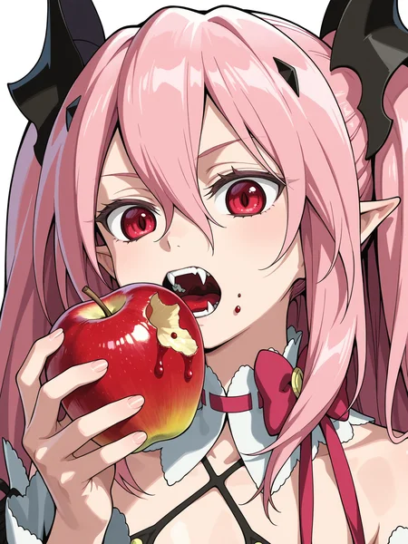 <lora:krul:1>,krul,portrait,eating apple,bite apple,fangs,