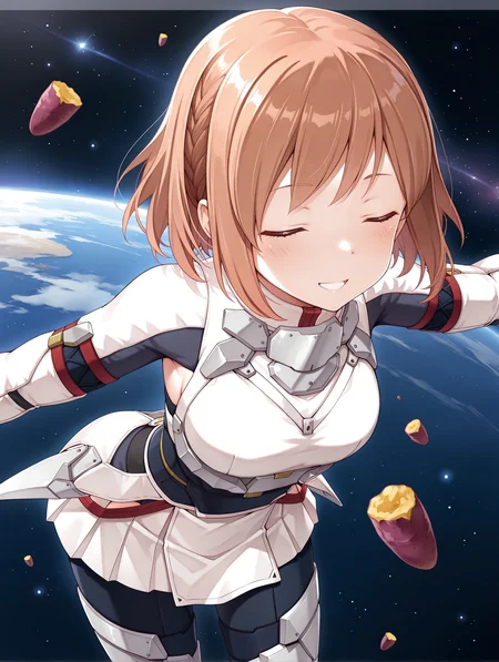 masterpiece,best quality,newest,
1girl,solo,
<lora:shiina_ilxl_v2.7:1>,shiina,short hair,brown hair,
futumushi,gloves,armor,white skirt,
<lora:Fixhands_anime_bdsqlsz_V1:1>,from_outside,face_focus,eyes_focus,leaning_forward,light_blush,parted lips,reaching,cowboy_shot,space,jumping,sweet potato,:d,happy,closed eyes,portrait,front view,