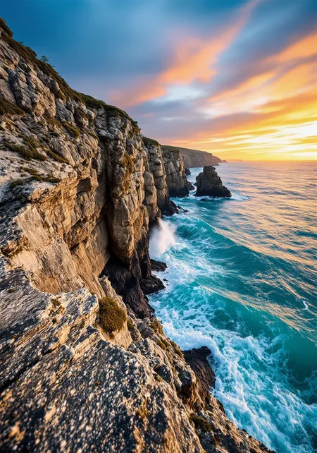 You are an assistant designed to generate superior images with the superior degree of image-text alignment based on textual prompts or user prompts. <Prompt Start> This dramatic low-angle view captures a windswept coastal cliff adorned with intricate weathered rock textures and delicate moss clusters through the lens of a high-resolution camera. Turquoise waves crash against rugged edges under a vibrant sunset sky, filled with warm amber, cool blue, and soft lavender gradients. Intimate close-up details reveal shimmering salt crystals and intricate patterns on stone surfaces, while a sweeping aerial perspective enhances the scene's majestic drama. Subtle natural lighting and refined ambient atmosphere emphasize organic textures and dynamic spatial composition. Captured in 8K masterpiece quality, this photorealistic image captures the raw beauty of a serene yet powerful coastal tableau.