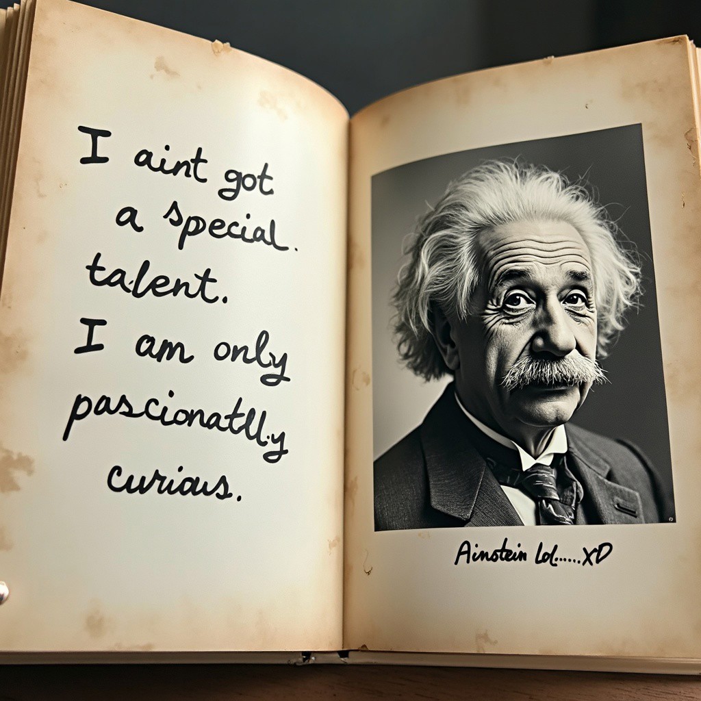 An open book that has a famous quote from Albert Einstein on the left page that says ("I ain't got a special talent. I am only passionately curious.") in great typewriting style letters, very detailed. The words are accurate and clean. An iconic portrait photo of Albert Einstein is on the other page with a scribbled handwritten note. The note says "Ainstein... Lol... XD".