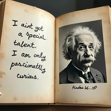 An open book that has a famous quote from Albert Einstein on the left page that says ("I ain't got a special talent. I am only passionately curious.") in great typewriting style letters, very detailed. The words are accurate and clean. An iconic portrait photo of Albert Einstein is on the other page with a scribbled handwritten note. The note says "Ainstein... Lol... XD".