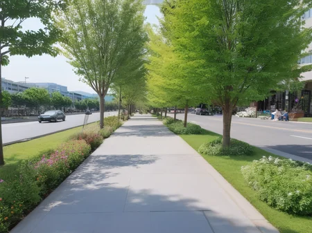 <lora:JJsStreetScape_XL:1> , ((StreetScape)),masterpiece , best quality, Landscape, scenery, outdoors, (sidewalk),  (pavement)ãbuilding, tree, sky, real world location, grass, bush, flower, city, lawn, bench,day, RAW photo, subject, 8k uhd, dslr, soft lighting, high quality,  road,traffic light, concrete,car,