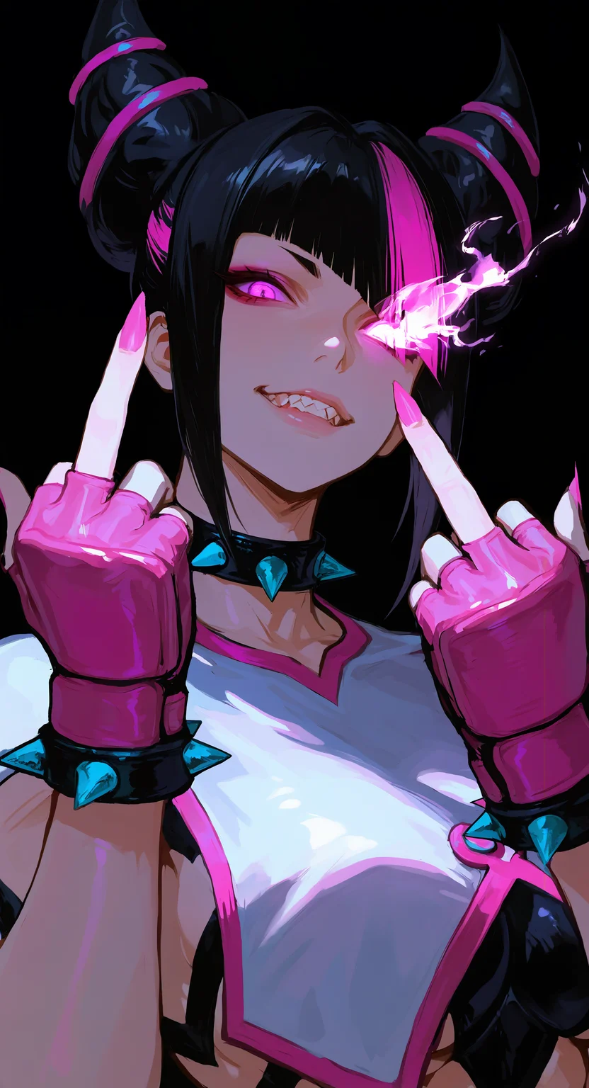 masterpiece, best quality, good quality, very aesthetic, absurdres, newest, han juri, street fighter,
1girl, black background, black hair, bracelet, breasts, chinese clothes, collar, drill hair, dudou, fingerless gloves, fingernails, flaming eye, gloves, glowing, glowing eye, hair horns, jewelry, looking at viewer, middle finger, multicolored hair, nail polish, pink gloves, pink hair, pink nails, purple eyes, sharp fingernails, sharp teeth, solo, spiked bracelet, spiked collar, spikes, streaked hair, teeth, twin drills, upper body, <lora:ponyv6_noobV1_1_adamW-000011:0.7> <lora:USNR_STYLE_XL_lokr:0.45> <lora:748cmSDXL:0.4>