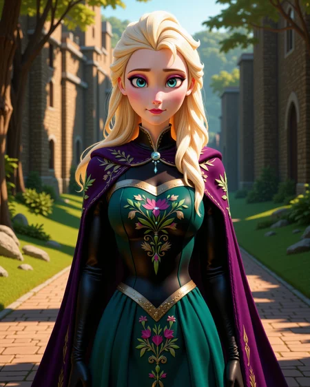 -looking at viewer, outdoors daylight, a 20 year old adult mature woman.
3d CGI Style,  front view photo of.
<lora:Frozen_-_Elsa_v2_000030:1> f-elsa, blue eyes, blonde hairdark teal off-shoulder gown with black bodice, embroidered with green and magenta floral patterns, purple cape, black gloves
Upper Body view passport style
