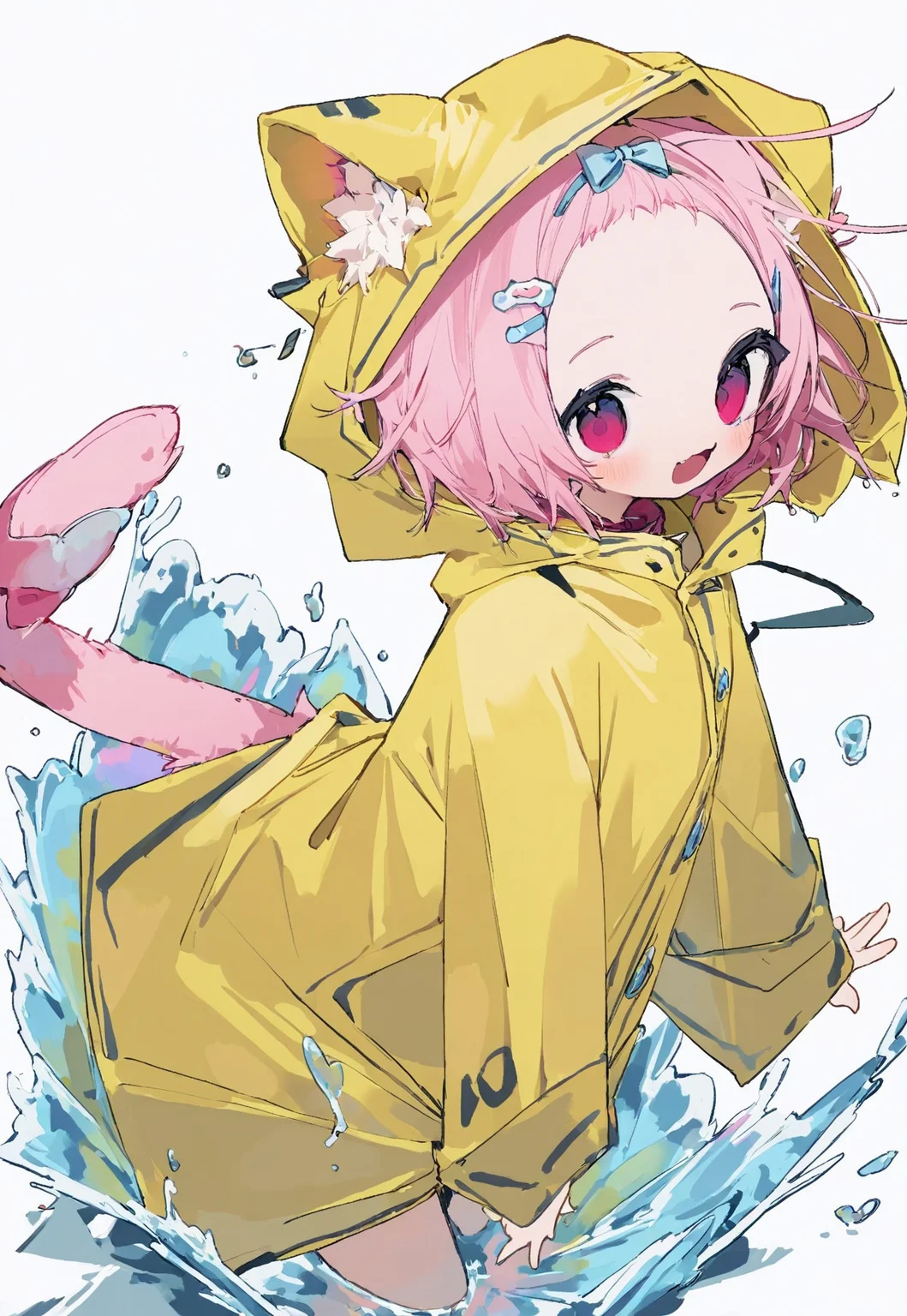 amazing quality, high resolution, high detail, newest, absurdres, hires, chromatic abberation, 1girl, solo, :D, short hair, pink hair, cat girl, cat ears, ear fluff, cat tail, hooded jacket, raincoat, hood_up, face focus, kicking a puddle, splashing water, hair ornament, forehead <lora:NanmoKaken>