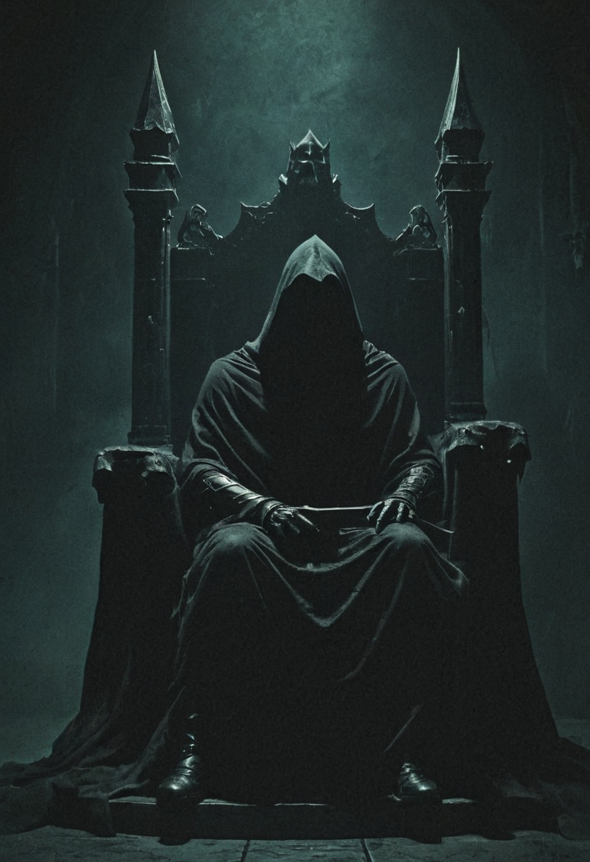 dark fantasy art style, robed and hooded knight sits on the king's throne, shrouded in shadow, macabre, doom, grainy texture