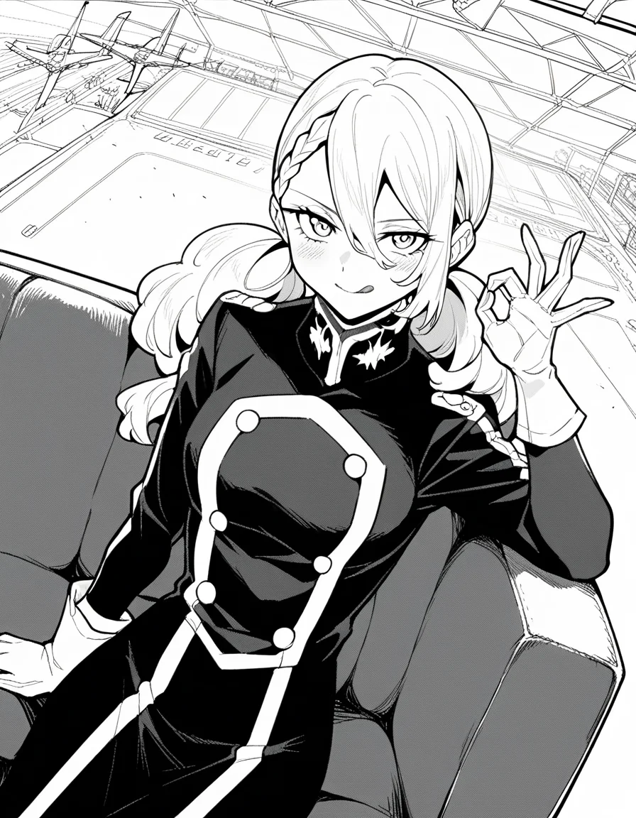 score_9, score_8_up, score_7_up, source_anime, <lora:varvara-pilipenko-manga-ponyxl-lora-nochekaiser:1>, varvara pilipenko, greyscale, monochrome, long hair, hair between eyes, braid, twintails,, gloves, uniform, military, military uniform, hangar, planes, large, storage, aviation, , <lora:money-gesture-ponyxl-lora-nochekaiser:1>, money gesture, blush, sitting, couch, arm support, smile, tongue out, knee up, from above, looking at viewer, solo,, dutch angle, cowboy shot