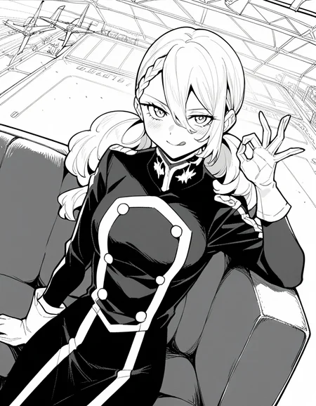 score_9, score_8_up, score_7_up, source_anime, <lora:varvara-pilipenko-manga-ponyxl-lora-nochekaiser:1>, varvara pilipenko, greyscale, monochrome, long hair, hair between eyes, braid, twintails,, gloves, uniform, military, military uniform, hangar, planes, large, storage, aviation, , <lora:money-gesture-ponyxl-lora-nochekaiser:1>, money gesture, blush, sitting, couch, arm support, smile, tongue out, knee up, from above, looking at viewer, solo,, dutch angle, cowboy shot