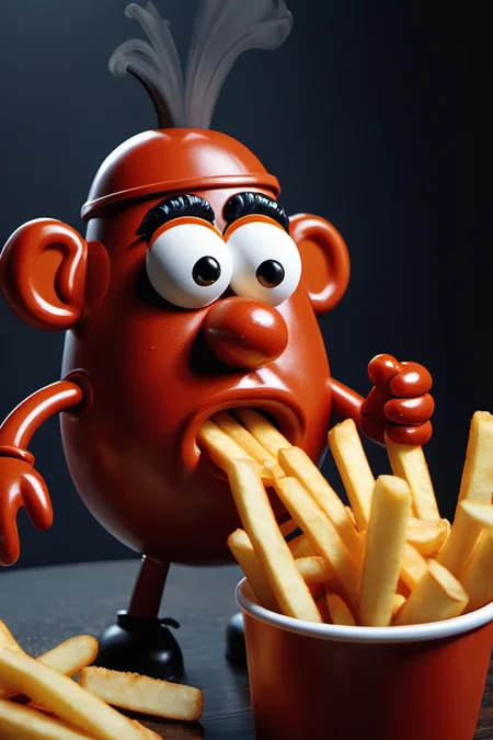 mr potato head eating french fries with ketchup,cinematic still frame,35mm,8K,thorough,fries in mouth,ketchup,