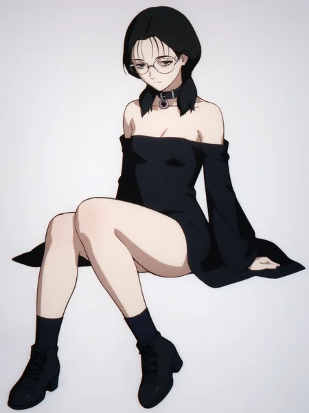 woman, 20 y/o, 20 year old, 20 year old woman, adult, score_9, score_8_up, score_7_up, score_6_up, score_5_up, BREAK masterpiece, high quality, white background, solo, <lora:Yomoda_Chisa_PDXLv0-e55:0.8> yomoda chisa, glasses, gothic, v:1.2, small breasts, black dress. white dot dress, full body, sitting, black footwear, black collar, death girl,