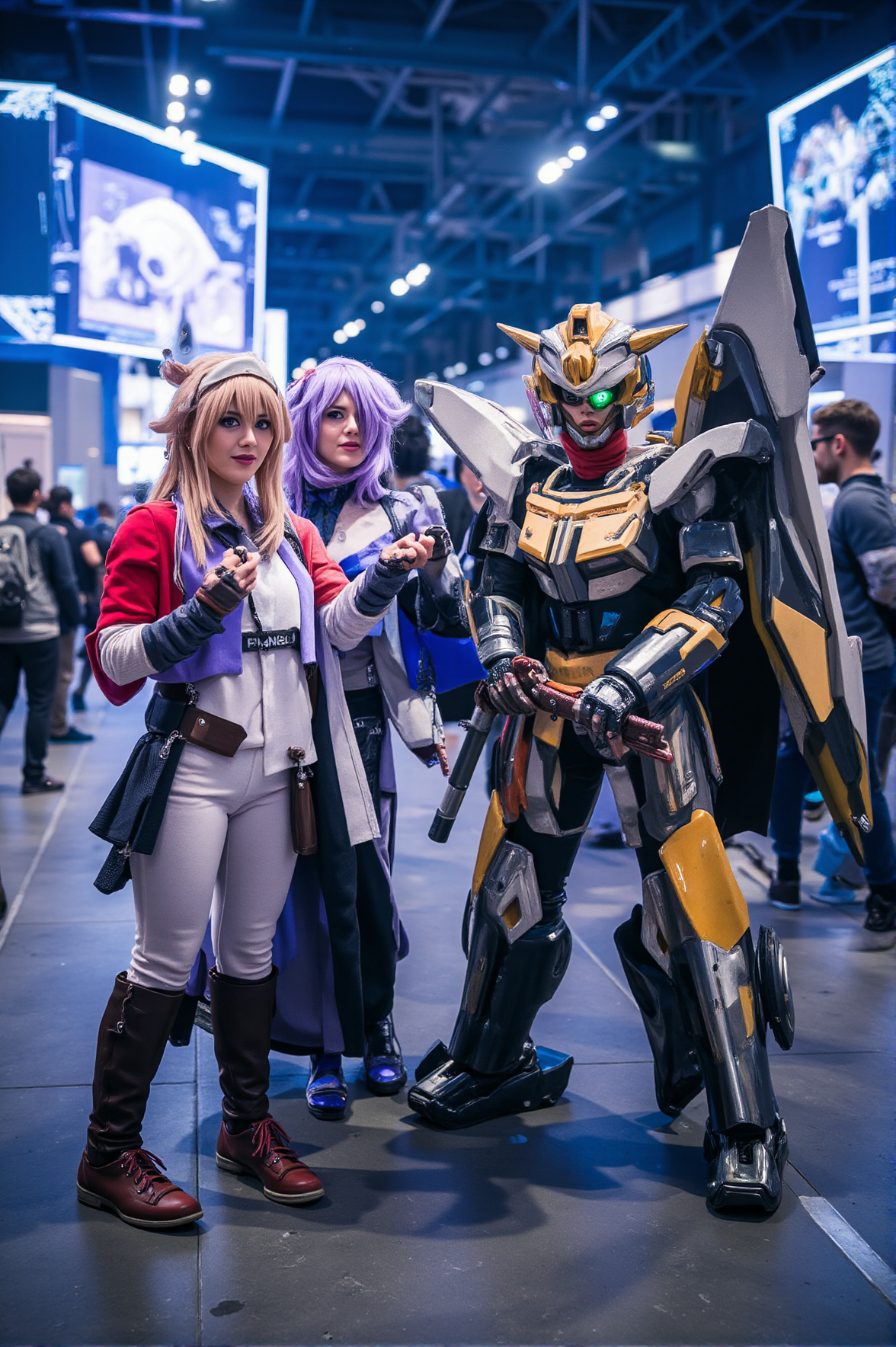 Attending a high-tech convention, waifus showcase costumes inspired by popular mecha and sci-fi series. The convention hall's bright lights and holographic displays serve as a dynamic backdrop, highlighting the craftsmanship of their armor and props. The image captures the excitement and creativity of a modern cosplay event.
<lora:anime-waifu-flux:1>