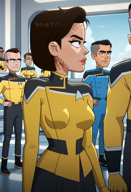 score_9, score_8_up, score_7_up, Barnes, trill birthmarks, short hair, brown hair, yellow uniform, star trek background