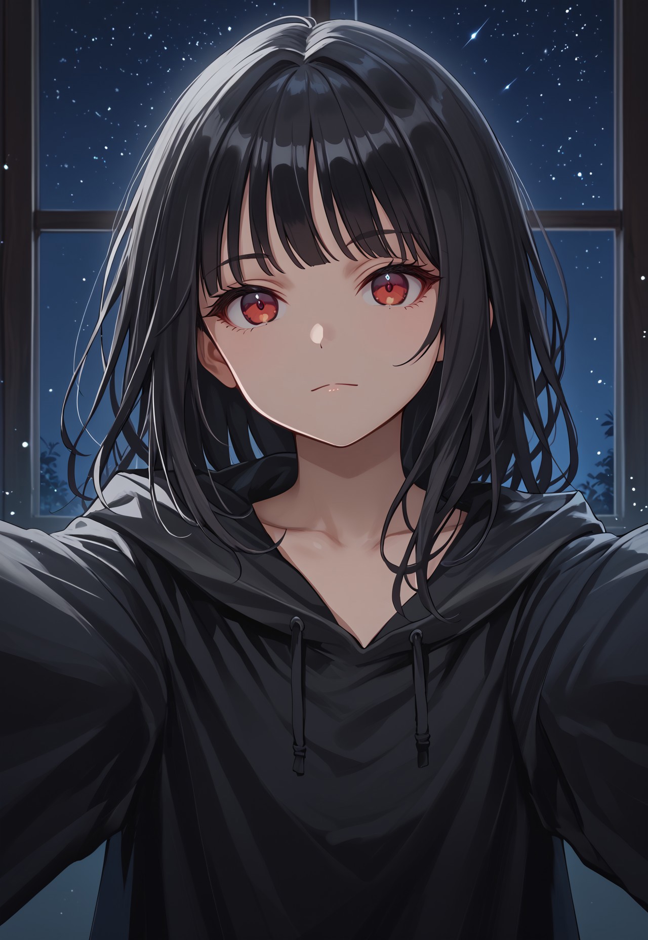 IsomerMob, black hair, bangs, hood up, hooded cloak, red eyes, long hair, black cloak, long sleeves, collarbone, no patterns, no accessories, solid color, 

looking at viewer, head tilt, closed mouth, outstretched arms, reaching toward viewer, close-up,

window, dark, night, night sky, 

score_9, score_8_up, score_7_up, 1girl, solo, solo focus, highres, absurdres, light particles, shade, lens flare, shiny skin, fine fabric emphasis,