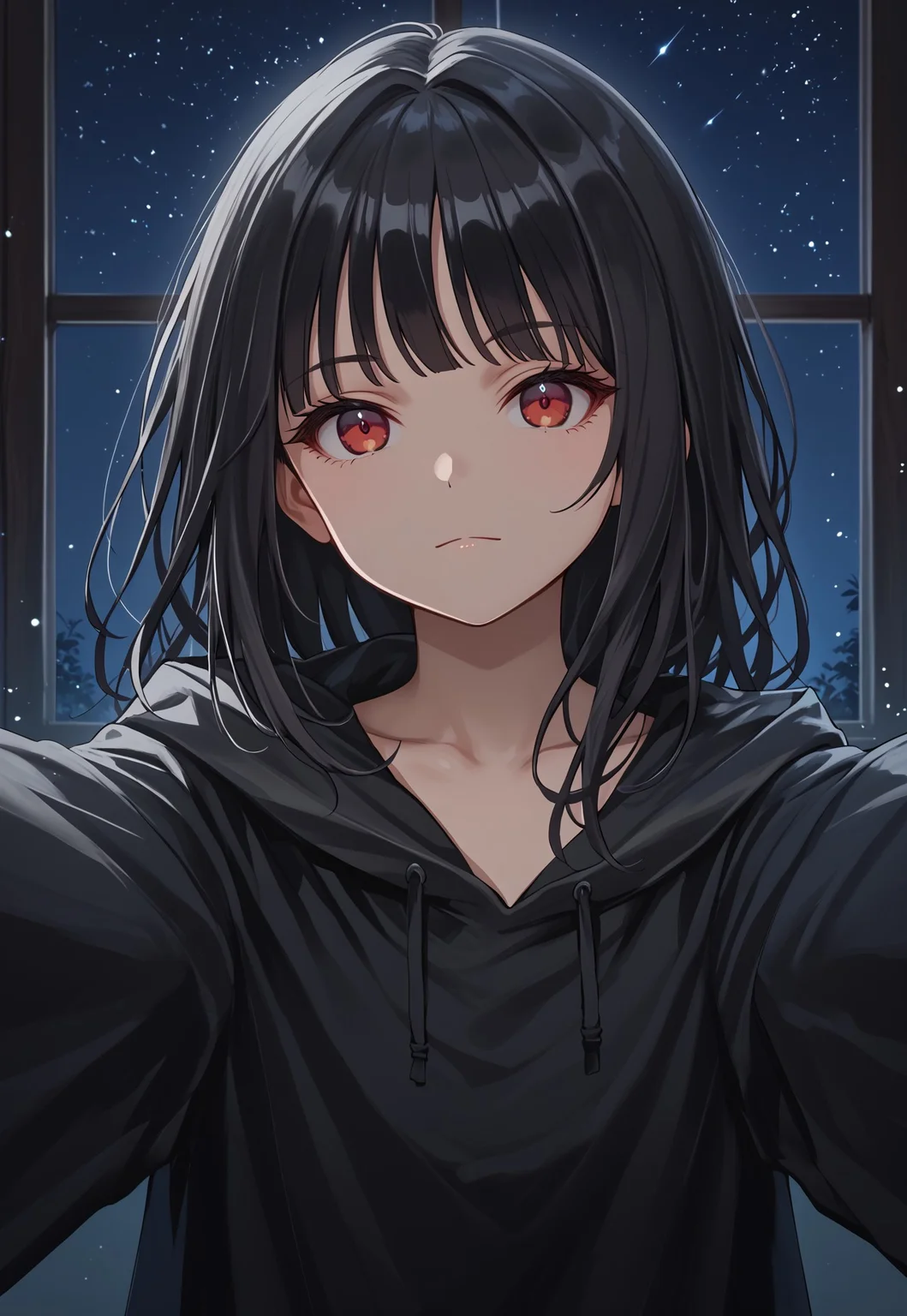 IsomerMob, black hair, bangs, hood up, hooded cloak, red eyes, long hair, black cloak, long sleeves, collarbone, no patterns, no accessories, solid color,
looking at viewer, head tilt, closed mouth, outstretched arms, reaching toward viewer, close-up,
window, dark, night, night sky,
score_9, score_8_up, score_7_up, 1girl, solo, solo focus, highres, absurdres, light particles, shade, lens flare, shiny skin, fine fabric emphasis,