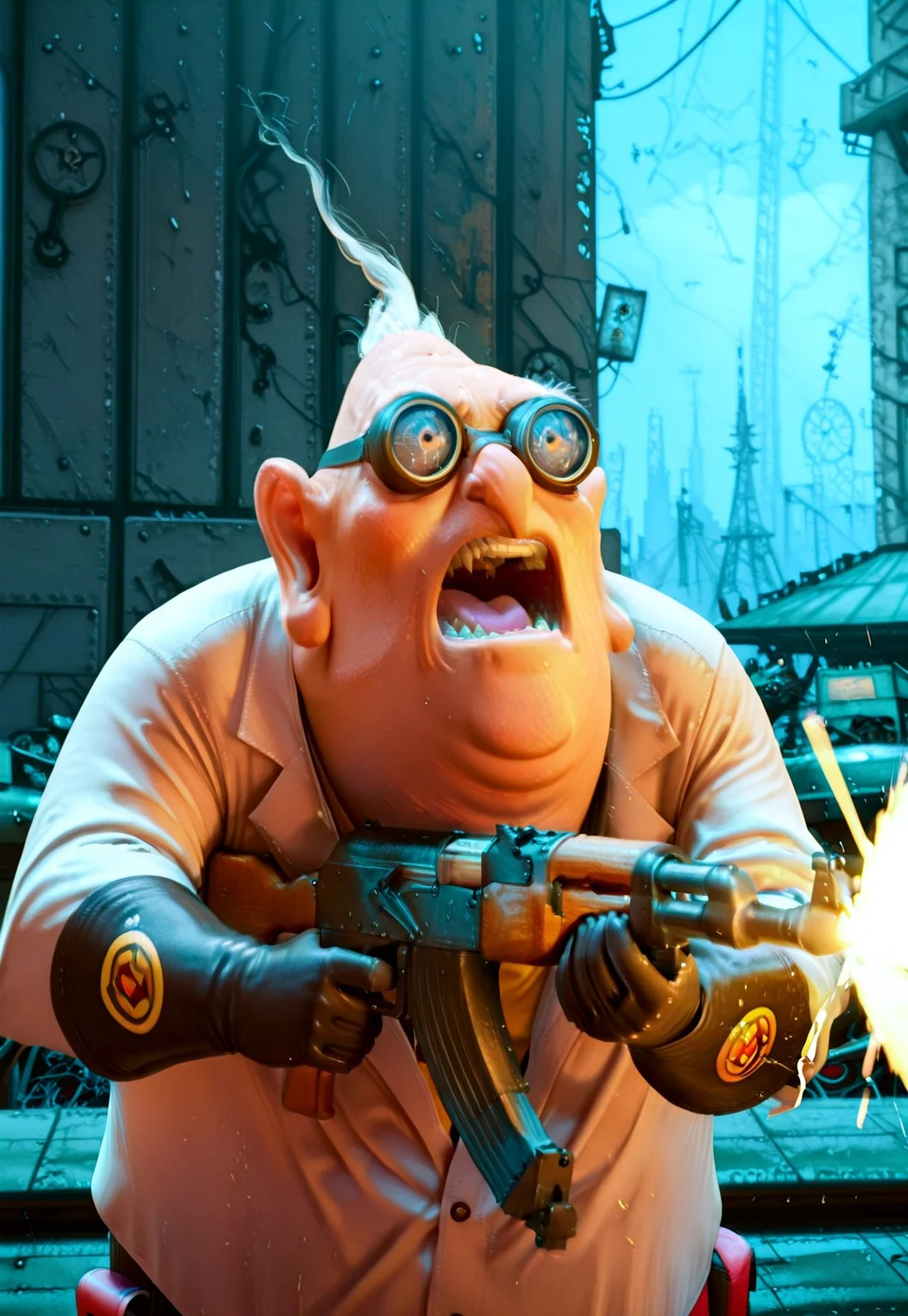 masterpiece, absurdres, newest, highest quality, semi-realistic, highly detailed, 1boy, solo, fat, fat chin,  sharp nose, Nefario, maddoc, ggls, lbct, yelling, firing ak-47, assault rifle, urban battlefield background, detailed background