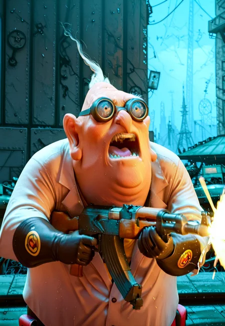 masterpiece, absurdres, newest, highest quality, semi-realistic, highly detailed, 1boy, solo, fat, fat chin,  sharp nose, Nefario, maddoc, ggls, lbct, yelling, firing ak-47, assault rifle, urban battlefield background, detailed background