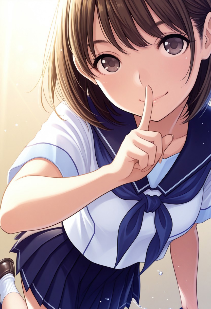 1girl, nene,brown hair,brown eyes, n_s_clothes,white shirt,short_sleeves,blue neckerchief,pleated skirt,white socks,loafers,wringing clothes,,smile, shushing, close-up,, looking at viewer, simple background, sexy pose, outsides,masterpiece, best quality, ultra-detailed, best illustration, soft lighting, bloom, light particles, glow, shiny hair, detailed background, dynamic lighting, volumetric lighting, dynamic pose, dynamic angle,