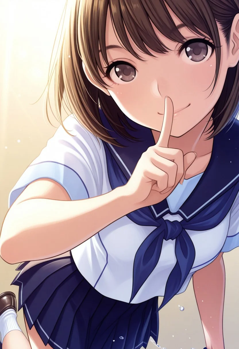 1girl, nene,brown hair,brown eyes, n_s_clothes,white shirt,short_sleeves,blue neckerchief,pleated skirt,white socks,loafers,wringing clothes,,smile, shushing, close-up,, looking at viewer, simple background, sexy pose, outsides,masterpiece, best quality, ultra-detailed, best illustration, soft lighting, bloom, light particles, glow, shiny hair, detailed background, dynamic lighting, volumetric lighting, dynamic pose, dynamic angle,