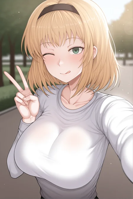 masterpiece,best quality,amazing quality,<lora:kaya-illustXL-010-000008:1>,outdoors,park, girlkaya, blonde hair, green eyes,medium hair,large breasts,hairband,tongue,light smile,one eye closed, selfie,v,solo,depth of field, blurry background, light particles,