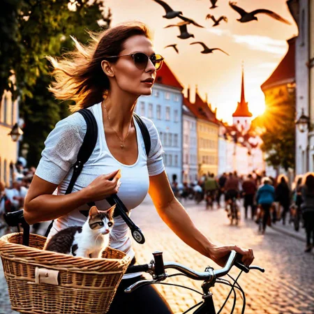 Tallinn old town,  sexy gorgeous 40 y.o. woman in  sport  wear on vintage bicycle, kitten in bicycle basket, summer sunset, seagulls in sky, 4k, ultra detailed face