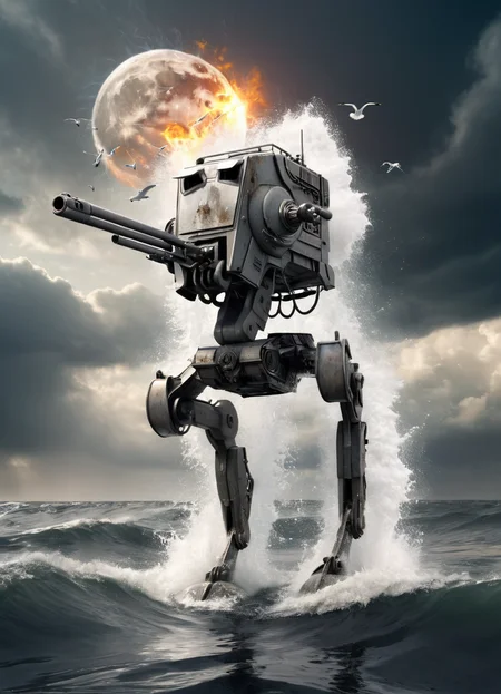 atstwlkr machine walking through water with his guns blazing, machine guns firing, shooting at seagulls, ripples, waves, fluid, massive, scary, science fiction, gunsmoke in the sky, dramatic light, strong wind,
<lora:AT-ST_-_Scout_Walker_SDXL:0.8>