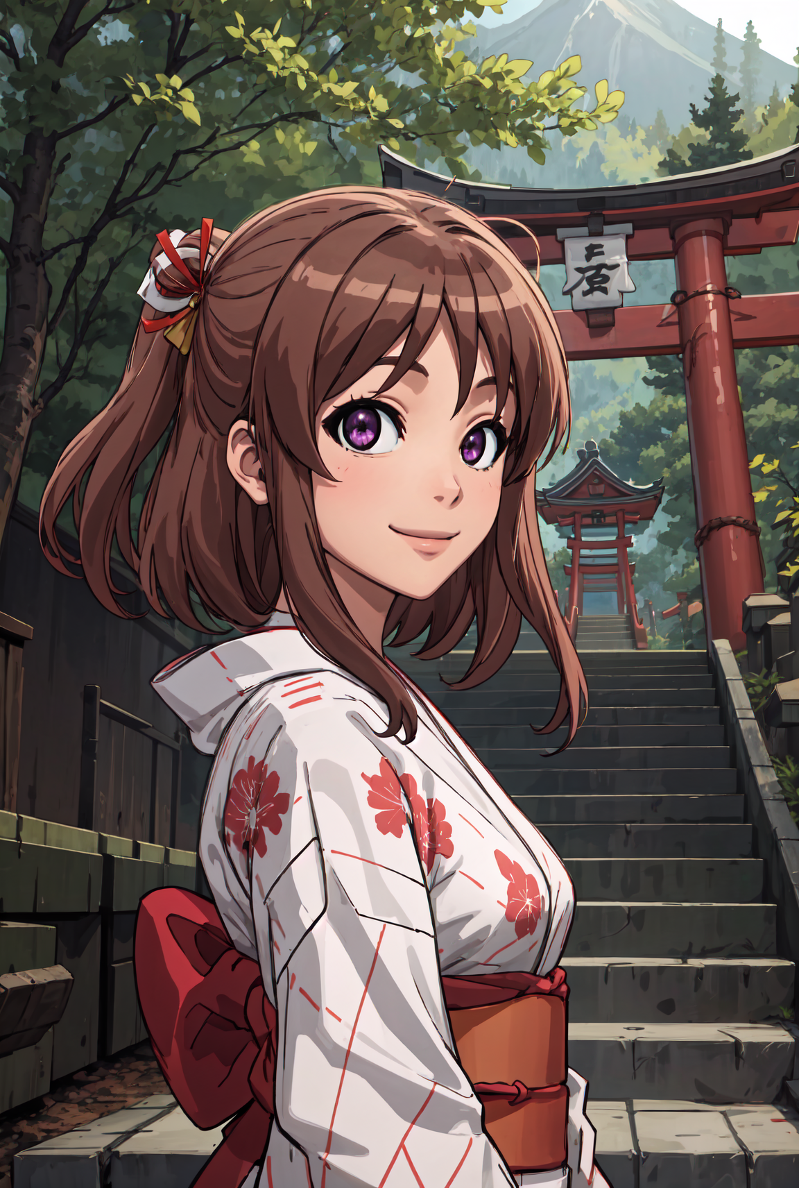 (best quality), (masterpiece), rinna_fuwa, brown hair, purple eyes, yukata, looking at viewer, smiling, stairs, japanese temple, mountain, forest, torii, upper body, <lora:rinna_fuwa:0.8>