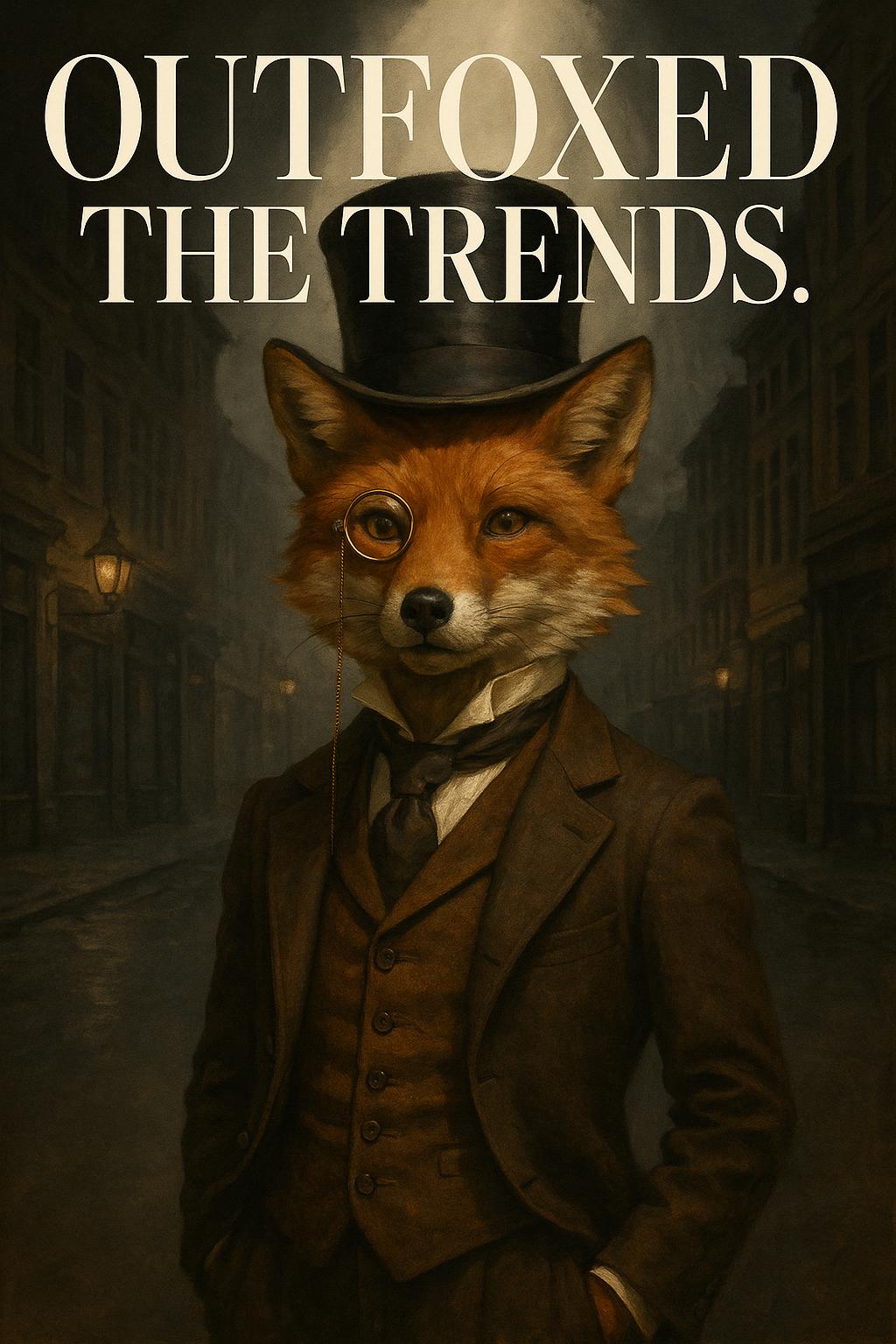 a fox in vintage fashion gear—top hat, monocle, vest—posing dramatically under a spotlight, old city street background, fashion magazine style, text overlay: "Outfoxed the Trends.