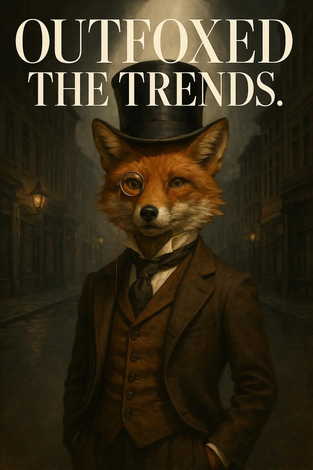 a fox in vintage fashion gear—top hat, monocle, vest—posing dramatically under a spotlight, old city street background, fashion magazine style, text overlay: "Outfoxed the Trends.