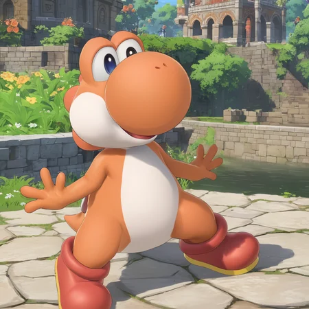 YoshiXL, orange skin, <lora:YoshiXL:1>, red footwear, pose, (anime, masterpiece, intricate:1.3), (best quality, hires textures, high detail:1.2), (4k),(incredibly detailed:1.4),UHD, 8K, ultra detailed