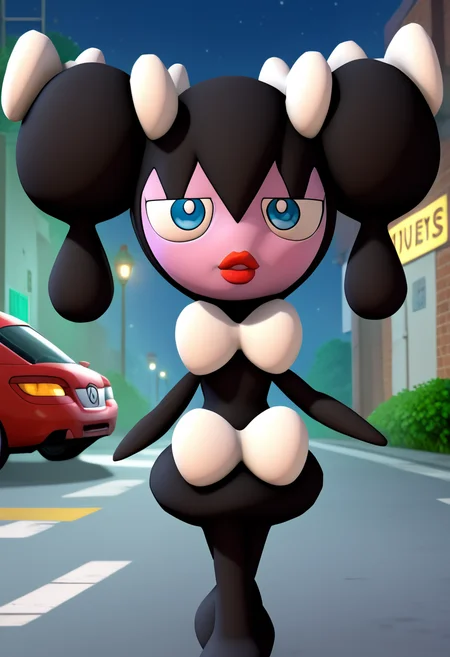 score_9, score_8_up, score_7_up, score_6_up,BREAK gothorita, pokemon \(creature\), solo, blue eyes, full body, no humans, standing, twintails, two-tone skin, white bow, black hair, white hair bow, looking to the side, red lips, white back bow, jitome, hair between eyes, parking lot,night,watson cross,crossed legs,3d <lora:GothoritaPony:1>